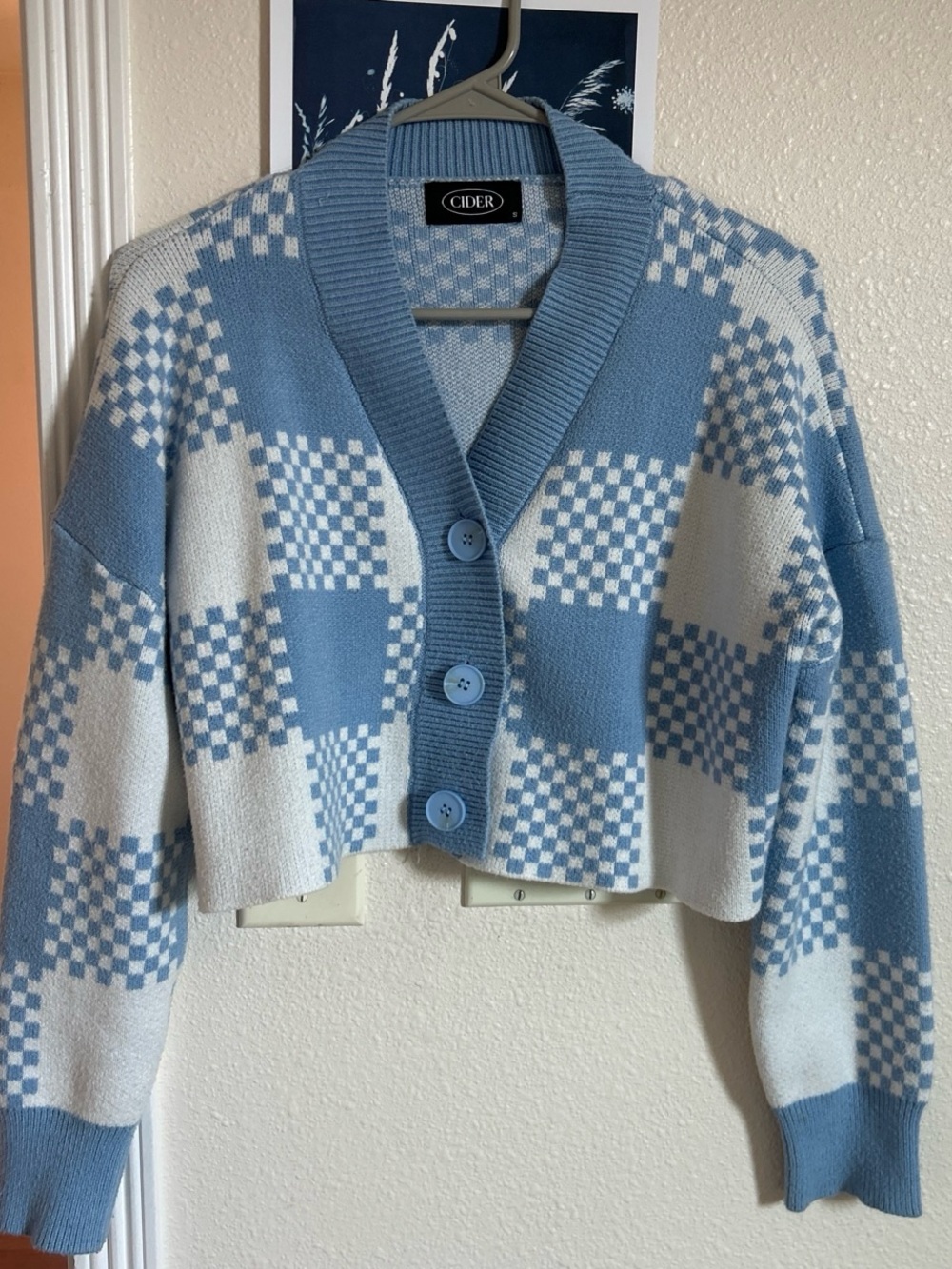 Cider Light Blue & White Checkerboard Cropped Cardigan